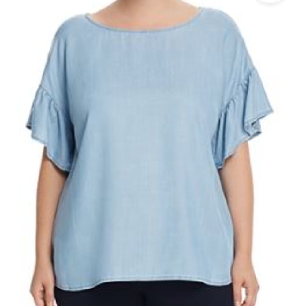 NWT Two By Vince Camuto Plus Size Ruffle Sleeve Chambray Bleach Blue Blouse Top